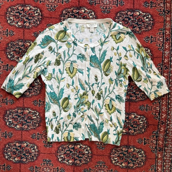 Ann Taylor LOFT Sweaters - Ann Taylor LOFT M Blue & Green Floral Print on White Short Sleeve Cardigan